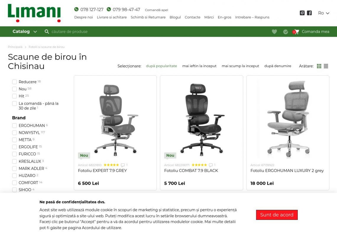 Scaun ergonomic de birou modern în Chișinău, oferind confort și design profesional